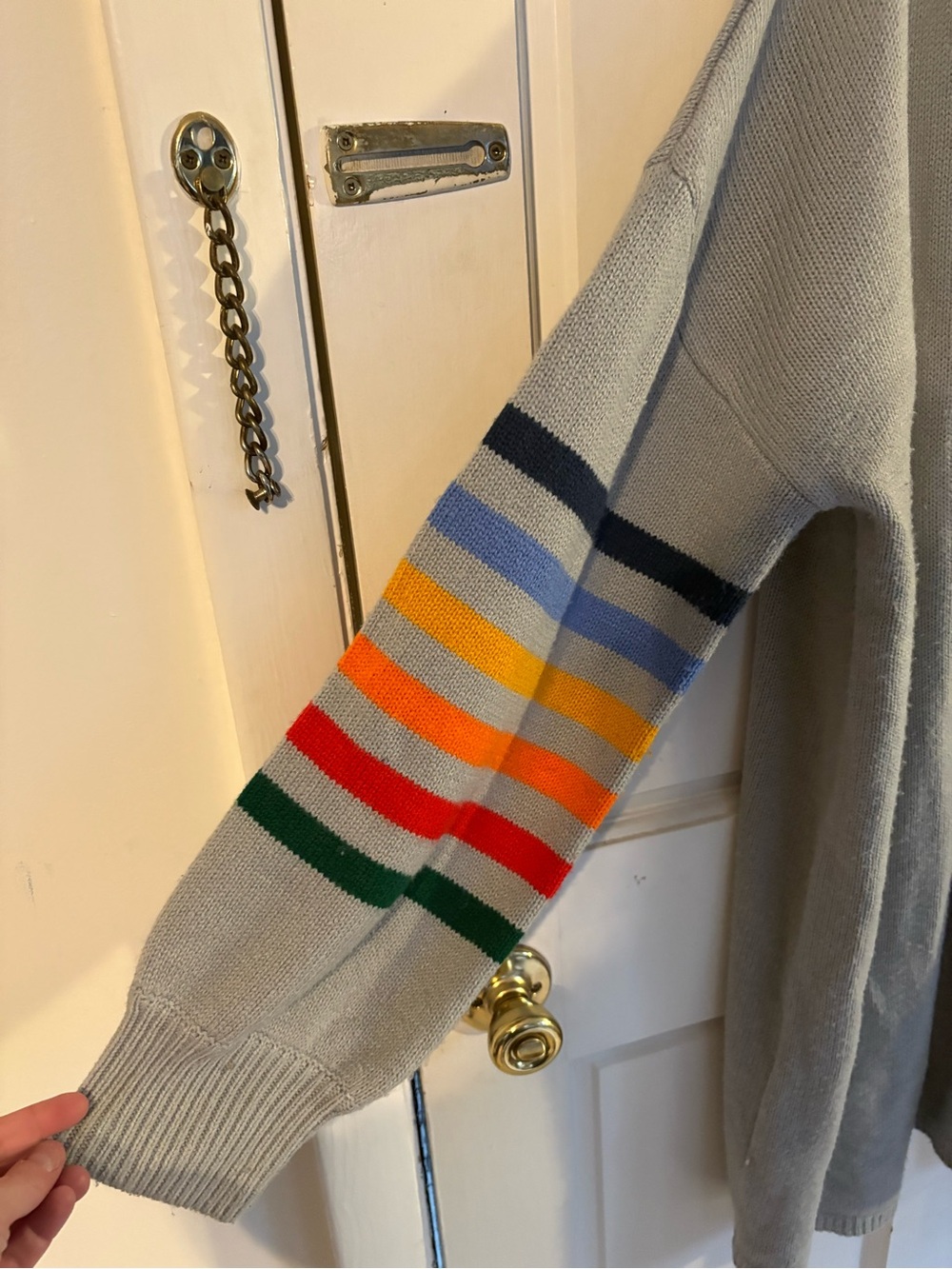Light Gray Women's Open Cardigan with Rainbow Sleeve Stripes - Picture 2 of 6